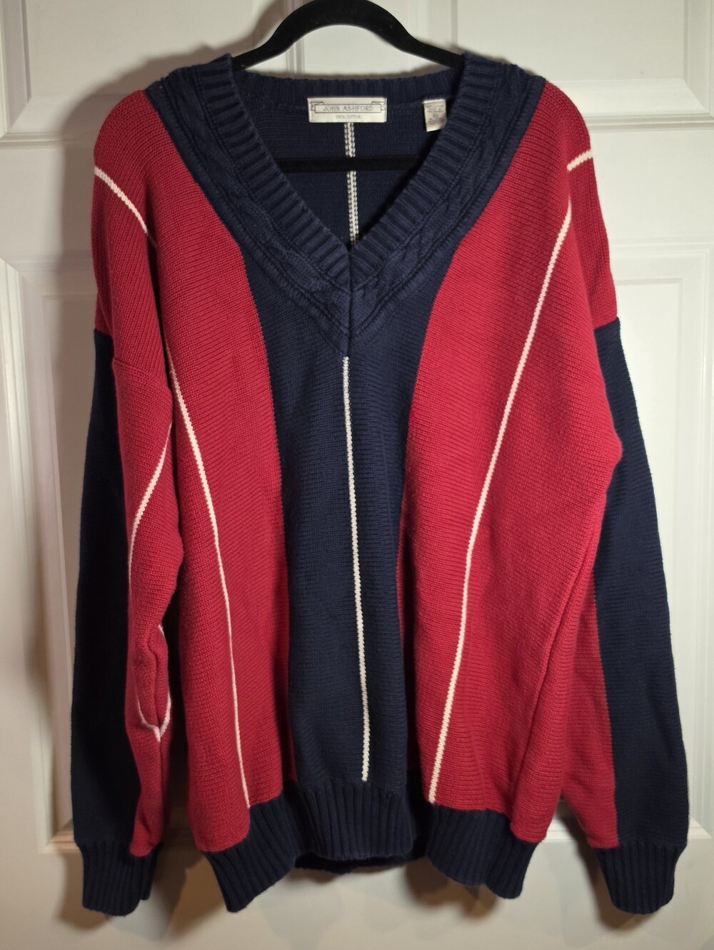 John Ashford Vintage 90s Red Navy White V Neck Cotton Knit Sweater Mens XL